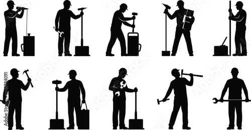 Silhouette illustration of construction workers using various tools, industrial labor team performing different tasks, professional workforce poses, building equipment and engineering work actions