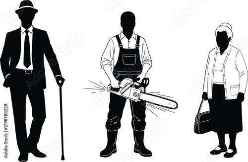 Silhouette illustration of diverse people including businessman with cane, worker using chainsaw, elderly woman standing, isolated black vector characters for profession and lifestyle concepts