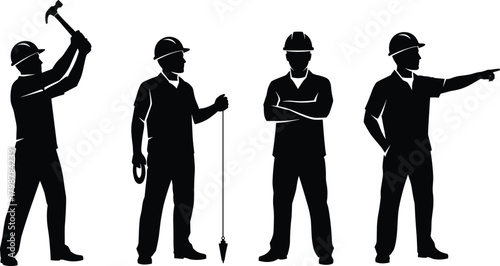 Silhouette illustration of construction workers with tools and safety helmets, engineering labor team, industrial workforce actions, professional building crew posing in various working positions