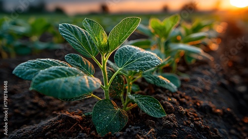 Close-up shot of young, vibrant green soybean plants in a field at sunrise, the warm sun creating a beautiful flare and highlighting leaf details.