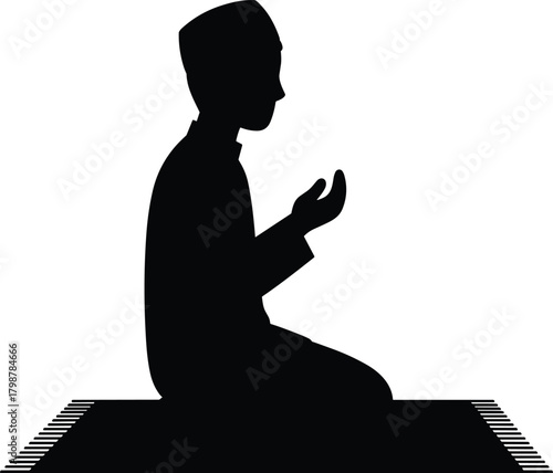 Silhouette of Muslim boy sitting and praying on prayer mat, Islamic worship illustration, child in dua posture, religion spirituality devotion artwork clipart