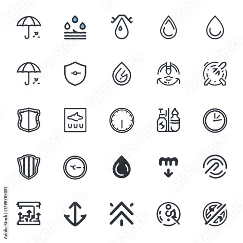 Assortment of icons for waterproofing and protection features