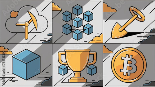 Cryptocurrency mining and blockchain technology icons