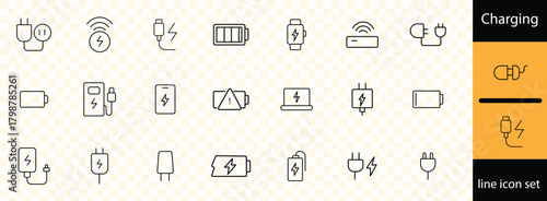 charging line icon set . lightning bolt, battery, plug, solar panel, wind turbine, power, renewable energy, electrical safety black silhouette