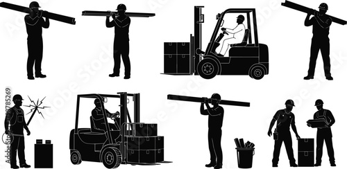 Silhouette set of construction workers carrying beams, forklift operators moving boxes, industrial labor activities, safety gear, teamwork and material handling illustrations for construction industry