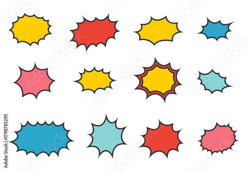 Set of lively pop art speech bubbles. Cartoon-style thought clouds paired with bold explosion bursts. Retro message and communication graphics in vibrant vector shapes. Zap, pow.