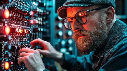 Sound engineer adjusting audio levels on a complex mixing console, focused look.