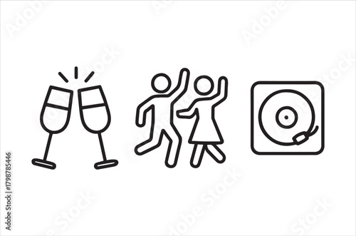 Celebration icons depicting champagne glasses dancing figures and a record player
