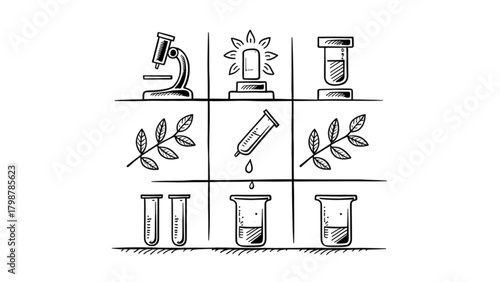 Hand-drawn science and nature icons in a grid microscope