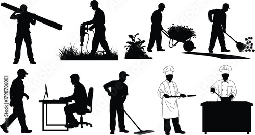 Silhouette workers performing construction, gardening, office, cleaning, and cooking tasks with tools and equipment in various professional environments for labor, service, and workplace concepts