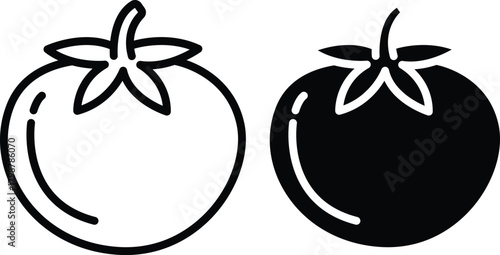 Fresh Red Ripe Tomato With Stem Food Ingredient Outline And Solid Vector Silhouette and Pictogram..eps