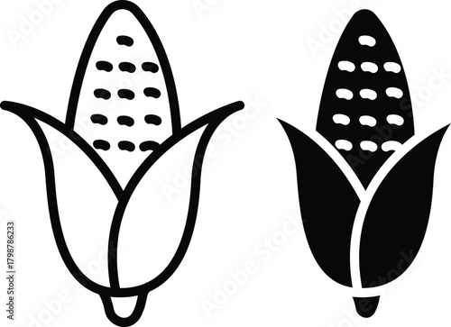Fresh Sweet Corn On The Cob With Husk Food Ingredient Vector Silhouette and Pictogram..eps