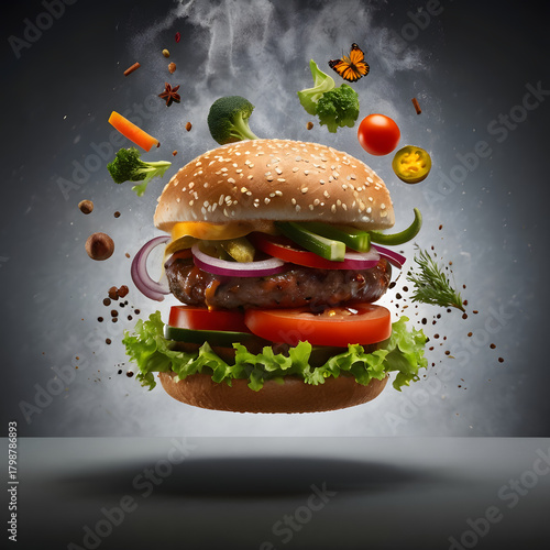 Burger and fries fast food meal on white background