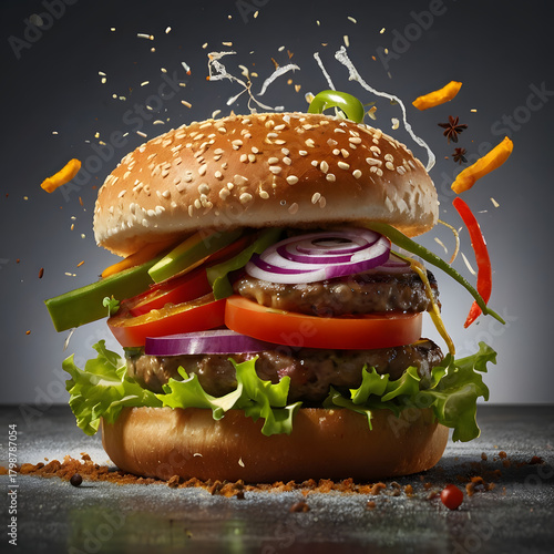 Hamburger on a wooden table plate with lettuce tomato and cheese
