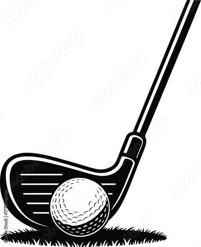 Golf Club and Ball Silhouette Illustration on Grass.
