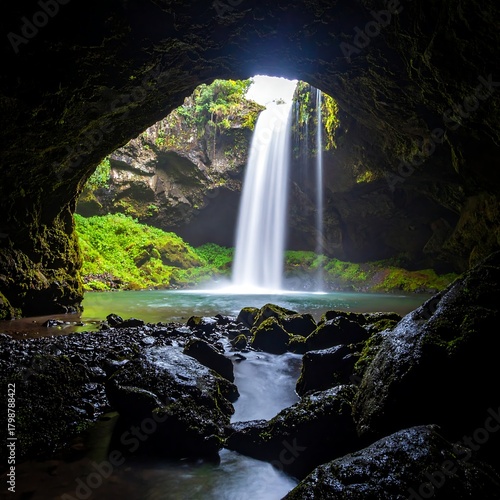 A waterfall cascades from above into a pool, viewable from a cave's opening. Lush vegetation frames the water