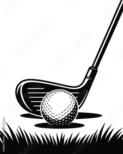 Golf Club and Ball Silhouette Illustration on Grass.
