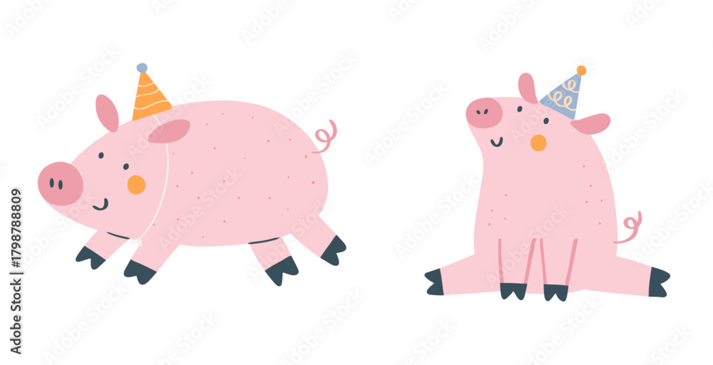 Fototapeta premium Cute pink pigs wearing birthday party hats in playful poses. Whimsical flat-style farm animal illustration perfect for kids’ designs, nursery decor, birthday themes, and fun clipart projects.