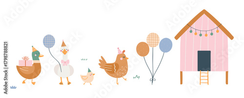 Cute farm birds—duck, goose, chick, and hen—wear party hats and carry gifts and balloons on their way to a decorated pink coop. Soft pastel birthday illustration perfect for kids’ designs.