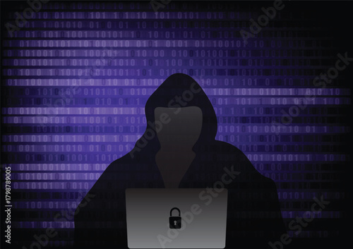 Cyber criminals and labtop over binary code background.