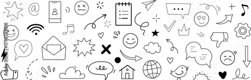 Hand drawn Emoji internet sketch icon set. Internet conversation, media outline tech emoji, star, arrow shape. Vector illustration.