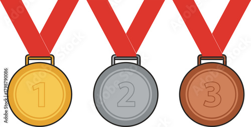 Gold silver bronze medals with red ribbons, first second third place awards, competition success ranking, cad drawing flat vector illustration design