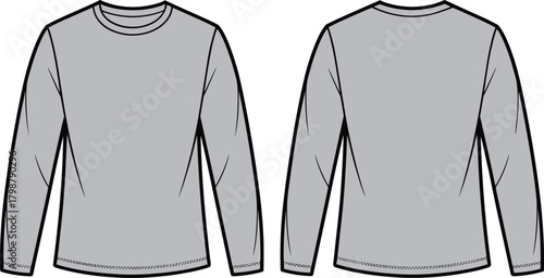 Gray long sleeve shirt front and back view, crew neck fashion sketch, vector apparel template, casual clothing flat design
