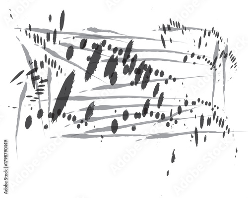 Abstract ink wash painting of musical notes and staff lines