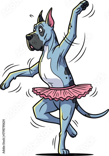 Great Dane ballerina illustration, cartoon dog in pink tutu, funny animal artwork, ballet dance pose, whimsical pet design vector