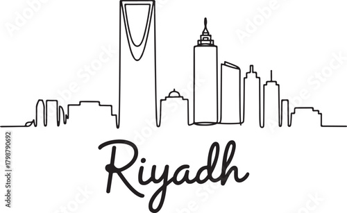 Single continuous line drawing of Riyadh skyline illustration for modern cityscape and travel design