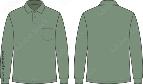 Green long sleeve polo shirt design, fashion flat sketch, front and back view, apparel template, chest pocket detail, clothing illustration mockup