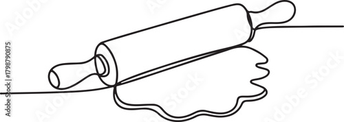 Continuous line art illustration of rolling pin flattening dough with handmade contour