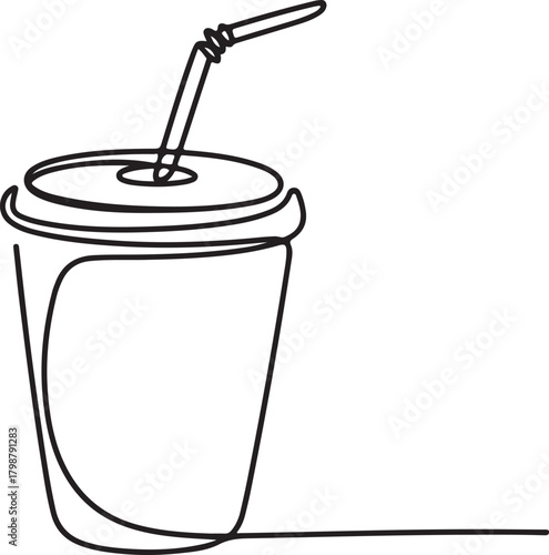 Continuous line art illustration of takeaway cup with straw and lid using soft sketch contour