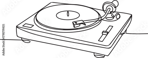 Continuous line art illustration of vintage turntable with tonearm using soft sketch contour