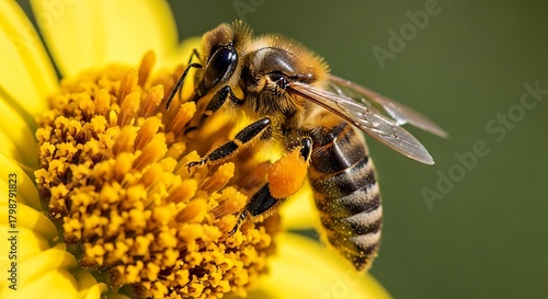 Honey Bee Collecting Pollen on a Yellow Flower Macro Shot.