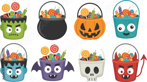 Halloween candy buckets illustration, cartoon trick-or-treat containers with pumpkin skull vampire bat designs, festive seasonal artwork, whimsical vector background