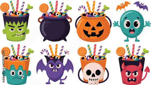 Halloween candy containers illustration, cartoon spooky buckets with ghosts pumpkins monsters, festive seasonal artwork, whimsical trick-or-treat design, vector background