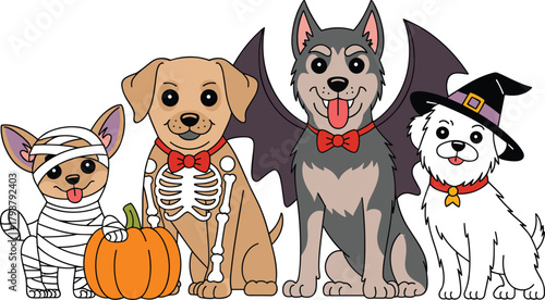 Halloween dogs in costumes illustration, cartoon mummy skeleton vampire witch pets, festive spooky artwork, whimsical seasonal design, vector background