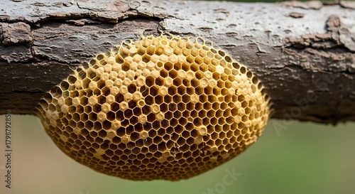 Honeycomb hanging from a tree branch in nature.