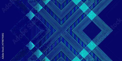 Abstract geometric pattern of intersecting blue lines and cyan dotted squares on a dark blue background