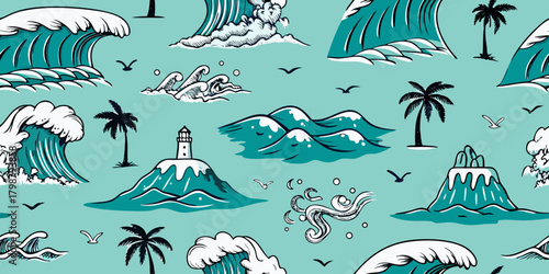 Seamless pattern of stylized ocean waves palm trees lighthouses and seagulls on a teal background