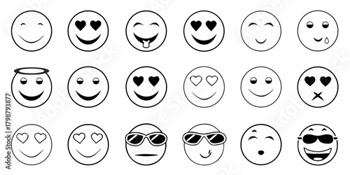 Collection of black and white outline smiley face icons with various expressions and emotions