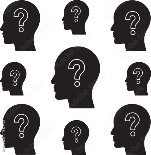 Human heads contemplating with many questions