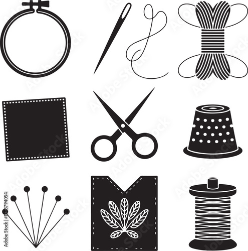 Black and White Silhouette Vector Set of 9 Embroidery Objects Hoop Needle Thread Scissors Fabric Thimble Pins Pattern Spool