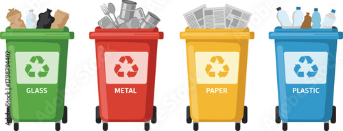 Four color coded recycling bins for glass, metal, paper, plastic waste segregation, eco friendly containers, sustainability awareness, cad drawing flat vector illustration
