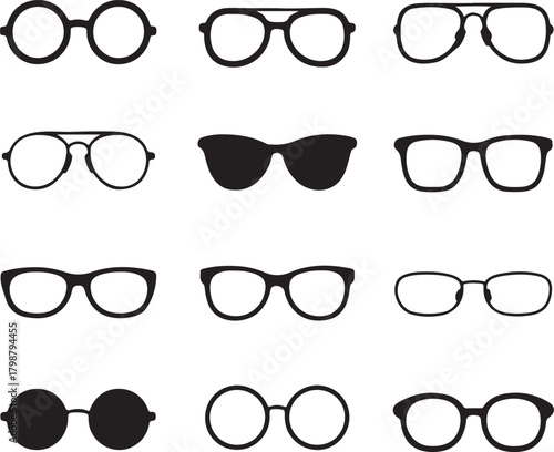 Black and White Silhouette Vector Set of 9 Eyeglass Designs Round Frame Square Frame Aviator Cat Eye Wayfarer Rectangle Rimless Oval Oversized