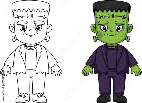Frankenstein cartoon character black and white outline with colored version, halloween monster illustration, spooky vector art, cad drawing flat vector illustration