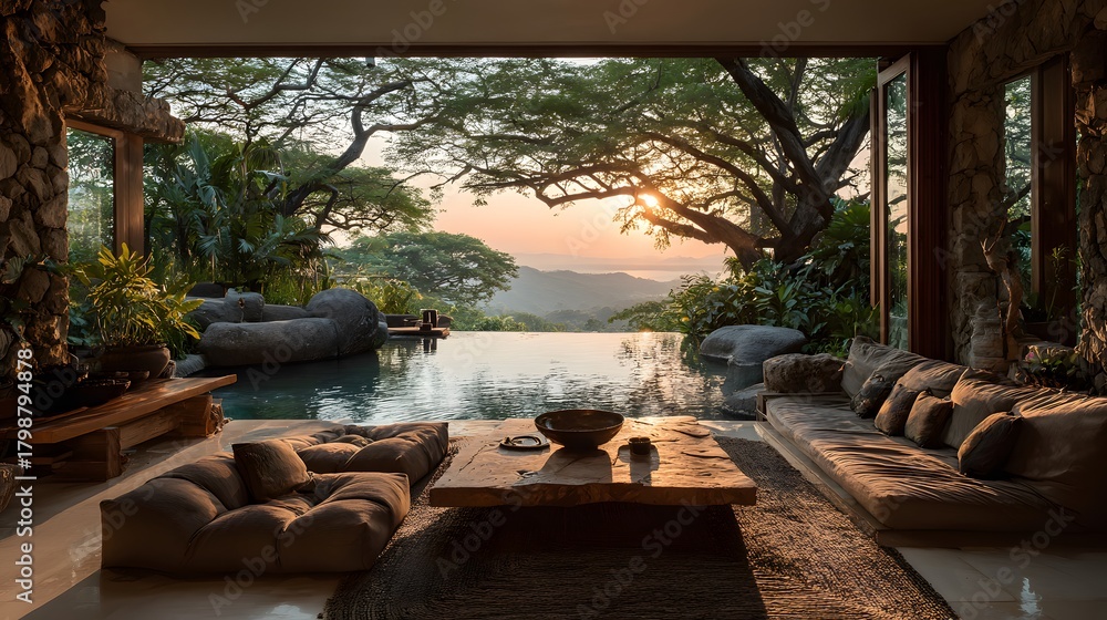 Fototapeta premium Stunning, open-plan living space in a tropical villa provides a direct view into a lush jungle and an infinity pool, filled with warm sunset light.