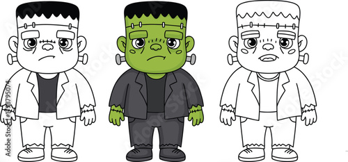 Frankenstein cartoon character coloring outline with full color version, halloween monster illustration, spooky vector art, cad drawing flat vector illustration