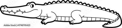 Friendly cartoon crocodile line drawing, black and white reptile sketch, children coloring page, cute animal illustration, cad drawing flat vector illustration